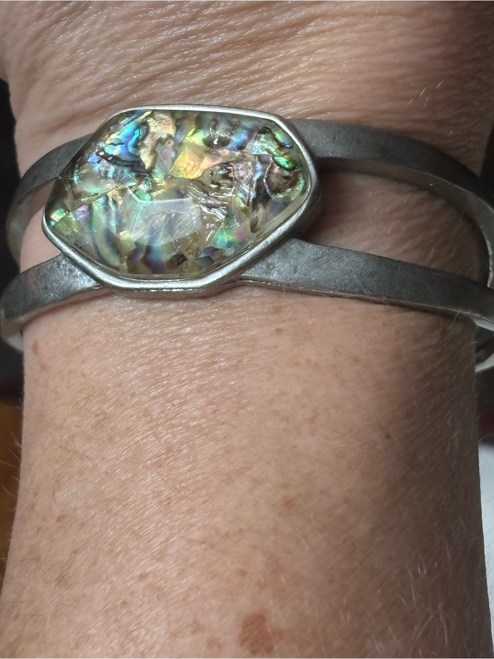 Iridescent Abalone Shell Chip Resin Silver Tone Cuff Bracelet Statemen